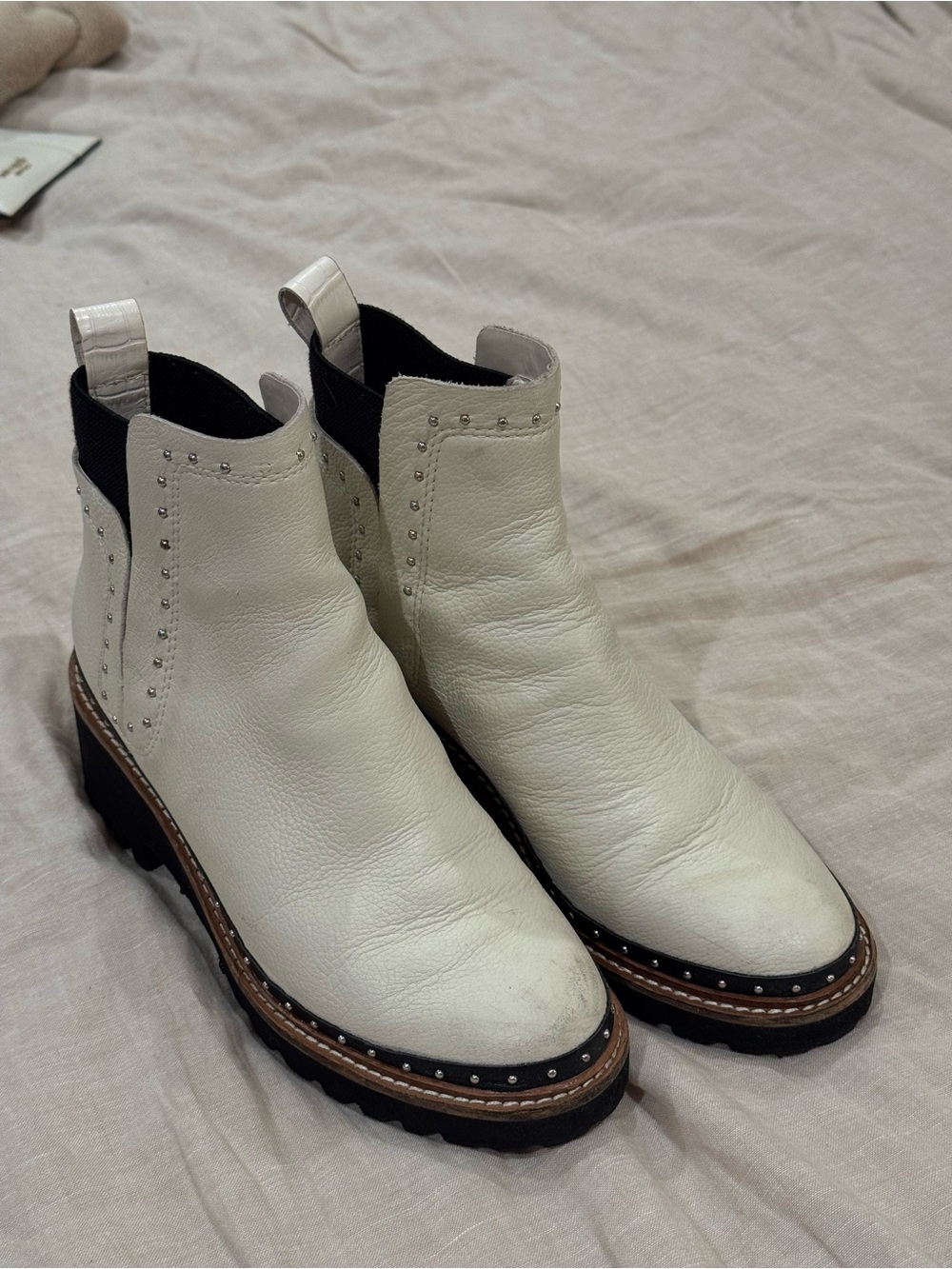 Dolce Vita White Leather Chelsea Boots with Stud Trim - Women